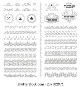 Vintage ornaments. Flourishes calligraphic. Food and drink icons. Muffin cupcake symbol. Fork and knife sign. Hot coffee cup. Food platter serving. Invitations elements. Vector
