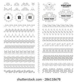 Vintage ornaments. Flourishes calligraphic. Happy new year icon. Christmas tree and gift box signs. Fireworks rocket symbol. Invitations elements. Vector