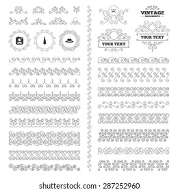 Vintage ornaments. Flourishes calligraphic. Hipster photo camera with mustache icon. Glasses and tie symbols. Classic hat headdress sign. Invitations elements. Vector