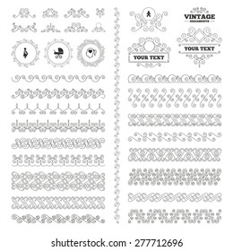 Vintage ornaments. Flourishes calligraphic. Maternity icons. Baby infant, pregnancy and buggy signs. Baby carriage pram stroller symbols. Head with heart. Invitations elements. Vector