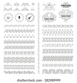 Vintage ornaments. Flourishes calligraphic. Music icons. Microphone karaoke symbol. Music notes and acoustic guitar signs. Invitations elements. Vector