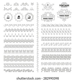 Vintage ornaments. Flourishes calligraphic. Smile and hand icon. Heart and Tick or Check symbol. Palm holds house building sign. Invitations elements. Vector