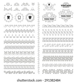 Vintage ornaments. Flourishes calligraphic. Tooth enamel protection icons. Dental care signs. Healthy teeth symbols. Invitations elements. Vector