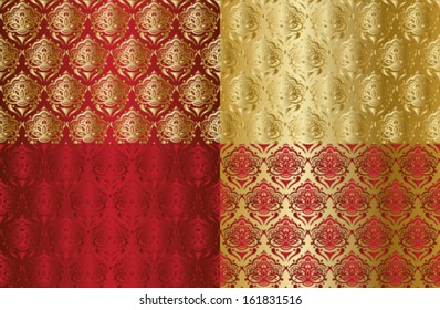 Vintage ornaments red and gold, vector pattern