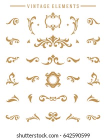 Vintage ornaments set floral elements for design invitations greeting cards, menu frames,   and boutique monogram logos. Vector illustration golden color style.