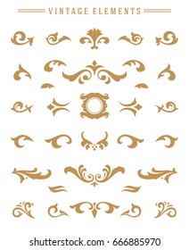 Vintage ornaments set floral elements for design invitations greeting cards, menu frames, and boutique monogram logos. Vector illustration golden color style.