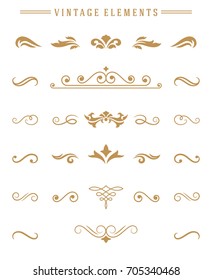 Vintage ornaments set floral elements for design invitations greeting cards, menu frames, and boutique monogram logos. Vector illustration golden color style.