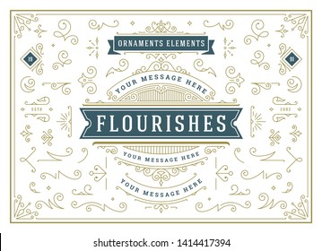 Vintage ornaments swirls and scrolls decorations design elements vector set. Flourishes calligraphic combinations for retro design, greeting cards, certificates borders, frames and invitations. - Shutterstock ID 1414417394