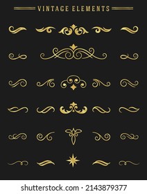 Vintage ornaments vignettes set floral elements for design invitations greeting cards, menu frames, and luxury logos. Vector illustration golden color style.