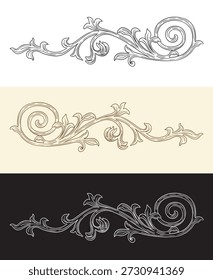 Vintage ornado elementos de design barroco. Padrão retro botânico de rolo de ornamento gravado. Monograma decorativo de três cores. Ilustração vetorial caligráfica de filigrana. Para cartões, convite, design
