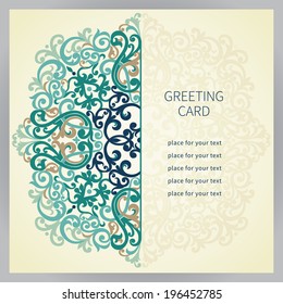Vintage ornate card in east style. Colorful Victorian floral decor. Template frame for greeting card and wedding invitation. Ornate vector border and place for your text.