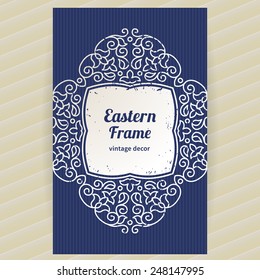 Vintage ornate card with Eastern elements. Outline decor with floral ornaments. Template ornamental frame for greeting card and wedding invitation. Filigree vector border and place for your text.