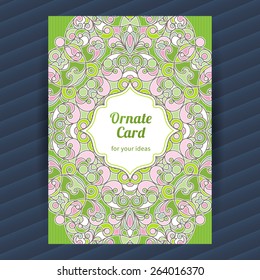 Vintage ornate card with Eastern elements. Decor for Easter card with floral ornaments. Ornamental frame for greeting card, wedding invitation. Filigree vector border, place for your text.