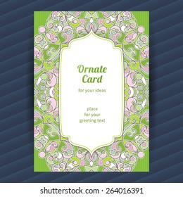Vintage ornate card with Eastern elements. Decor for Easter card with floral ornaments. Ornamental frame for greeting card, wedding invitation. Filigree vector border, place for your text.