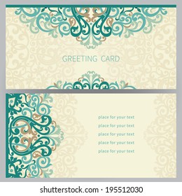 Vintage ornate cards in east style. Colorful Victorian floral decor. Template frame for greeting card and wedding invitation. Ornate vector border and place for your text.