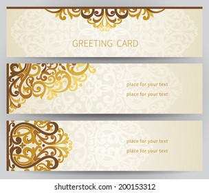 Vintage ornate cards in east style. Golden Victorian floral decor. Template frame for greeting card and wedding invitation. Ornate vector border and place for your text.