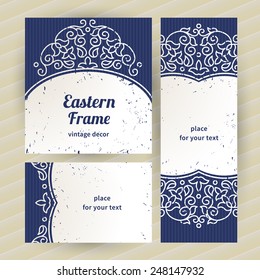 Vintage ornate cards with Eastern elements. Outline decor with floral ornaments. Template ornamental frame for greeting card and wedding invitation. Filigree vector border and place for your text.