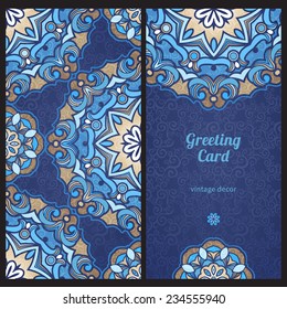 Vintage ornate cards in Eastern style. Blue floral decor with circle ornaments. Template ornamental frame for greeting card and wedding invitation. Filigree vector border and place for your text.