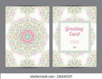 Vintage ornate cards in Eastern style. Pastel floral decor with circle ornaments. Template ornamental frame for greeting card and wedding invitation. Filigree vector border and place for your text.