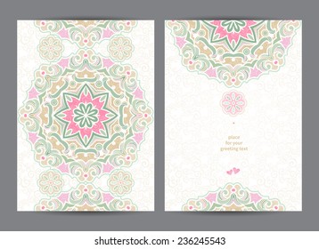 Vintage ornate cards in Eastern style. Pastel floral decor with circle ornaments. Template ornamental frame for greeting card and wedding invitation. Filigree vector border and place for your text.