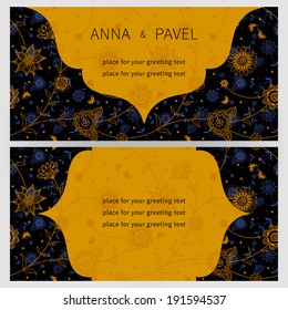 Vintage ornate cards with flowers and butterflies. Golden Victorian floral decor. Template frame for greeting card and wedding invitation. Ornate vector border in east style. Place for your text.