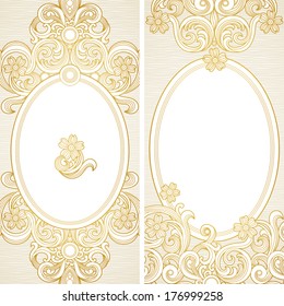 Vintage ornate cards with flowers and curls. Light Victorian floral decor. Template frame for greeting card and wedding invitation. Ornate vector border in east style. Place for your text.