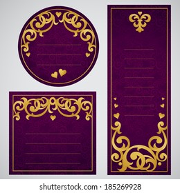 Vintage ornate cards with flowers and curls. Golden Victorian floral decor. Template frame for greeting card and wedding invitation. Ornate vector border in east style. Place for your text. Vintage ornate cards with flowers and curls. Golden Victorian floral decor. Template frame for greeting card and wedding invitation. Ornate vector border in east style. Place for your text.