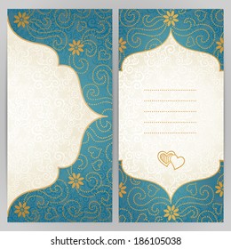 Vintage ornate cards with flowers and curls. Golden Victorian floral decor. Template frame for greeting card and wedding invitation. Ornate vector border in east style. Place for your text.