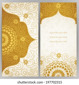 Vintage ornate cards with flowers and curls. Golden Victorian floral decor. Template frame for greeting card and wedding invitation. Ornate vector border in east style. Place for your text.
