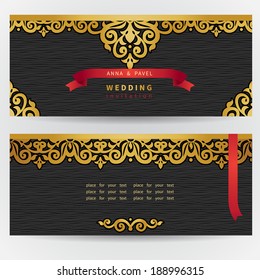Vintage ornate cards with with hipsters label. Golden Victorian floral decor. Template frame for greeting card and wedding invitation. Ornate vector border in east style. Place for your text.