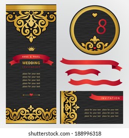 Vintage ornate cards with with hipsters label. Golden Victorian floral decor. Template frame for greeting card and wedding invitation. Ornate vector border in east style. Place for your text.