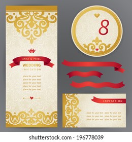 Vintage ornate cards with with hipsters label. Golden Victorian floral decor and place for your text. Template frame for greeting card and wedding invitation. Ornate vector border in east style.