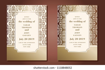 Vintage ornate cards in oriental style. Line art Eastern floral decor. Template frame for birthday and greeting card, wedding invitation. Vector golden border, place for text. Easy to use, layered.