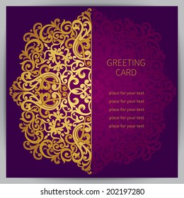 Vintage ornate cards in oriental style. Golden Eastern floral decor. Template frame for greeting card and wedding invitation. Ornate vector border and place for your text.