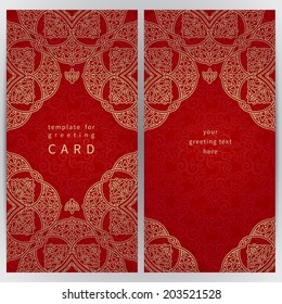 Vintage ornate cards in oriental style. Golden Eastern floral decor on red backdrop. Template frame for greeting card and wedding invitation. Ornate vector border and place for your text.