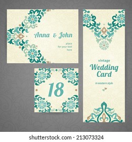 Vintage ornate cards in oriental style. Colorful Eastern floral decor. Template frame for greeting card and wedding invitation. Ornate vector border and place for your text.