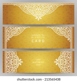 Vintage ornate cards in oriental style. Golden Eastern floral decor. Template frame for greeting card and wedding invitation. Ornate vector border and place for your text.