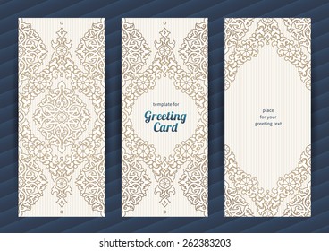 Vintage ornate cards in oriental style. Beige Eastern floral decor. Template vintage frame for greeting card and wedding invitation. Ornate vector border and place for your text.