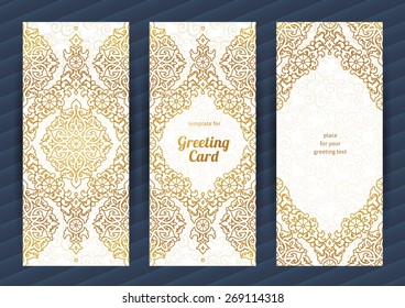 Vintage ornate cards in oriental style. Golden Eastern floral decor. Template vintage frame for greeting card and wedding invitation. Ornate vector border and place for your text.