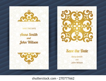 Vintage ornate cards in oriental style. Golden Eastern floral decor. Template vintage frame for birthday and greeting card, wedding invitation. Ornate vector border and place for your text.