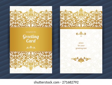 Vintage ornate cards in oriental style. Golden Eastern floral decor. Template vintage frame for birthday and greeting card, wedding invitation. Ornate vector border. Easy to use, layered.