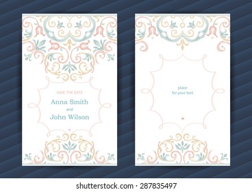 Vintage ornate cards in oriental style. Pastel Eastern floral decor. Template vintage frame for birthday and greeting card, wedding invitation. Ornate vector border. Easy to use, layered.