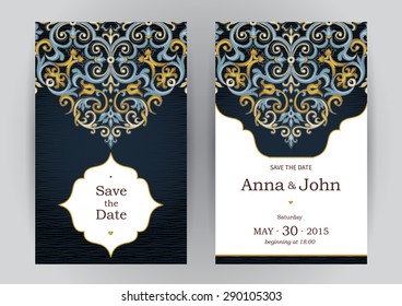 Vintage ornate cards in oriental style. Bright Eastern floral decor. Template frame for birthday and greeting card, wedding invitation. Vector border with place for text. Easy to use, layered.