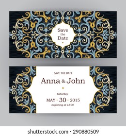 Vintage ornate cards in oriental style. Bright Eastern floral decor. Template frame for birthday and greeting card, wedding invitation. Vector border with place for text. Easy to use, layered.