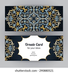 Vintage ornate cards in oriental style. Bright Eastern floral decor. Template frame for birthday and greeting card, wedding invitation. Vector border with place for text. Easy to use, layered.