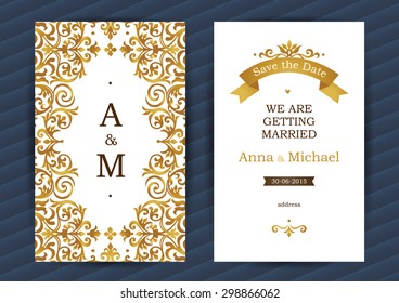 Vintage ornate cards in oriental style. Golden Eastern floral decor. Template vintage frame for birthday and greeting card, wedding invitation. Ornate romantic vector border. Easy to use, layered.