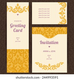 Vintage ornate cards with Victorian elements. Yellow decor with floral ornaments. Template ornamental frame for greeting card and wedding invitation. Filigree vector border and place for your text. Vintage ornate cards with Victorian elements. Yellow decor with floral ornaments. Template ornamental frame for greeting card and wedding invitation. Filigree vector border and place for your text.