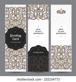 Vintage ornate cards in Victorian style. Black outline floral decor. Template ornamental frame for greeting card and wedding invitation. Filigree vector border and place for your text.