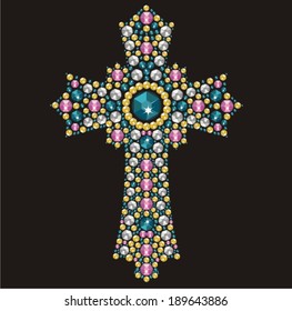 Vintage Ornate Christian Cross From Brilliant Stones,  Rhinestone Applique, Decoration For Clothing (abstract Vector Art Illustration)