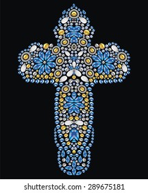 Vintage Ornate Christian Cross From Sapphire And Gold Brilliant Stones, Small Beautiful Flowers, Rhinestone Applique, Decoration For Clothing (abstract Vector Art Illustration)